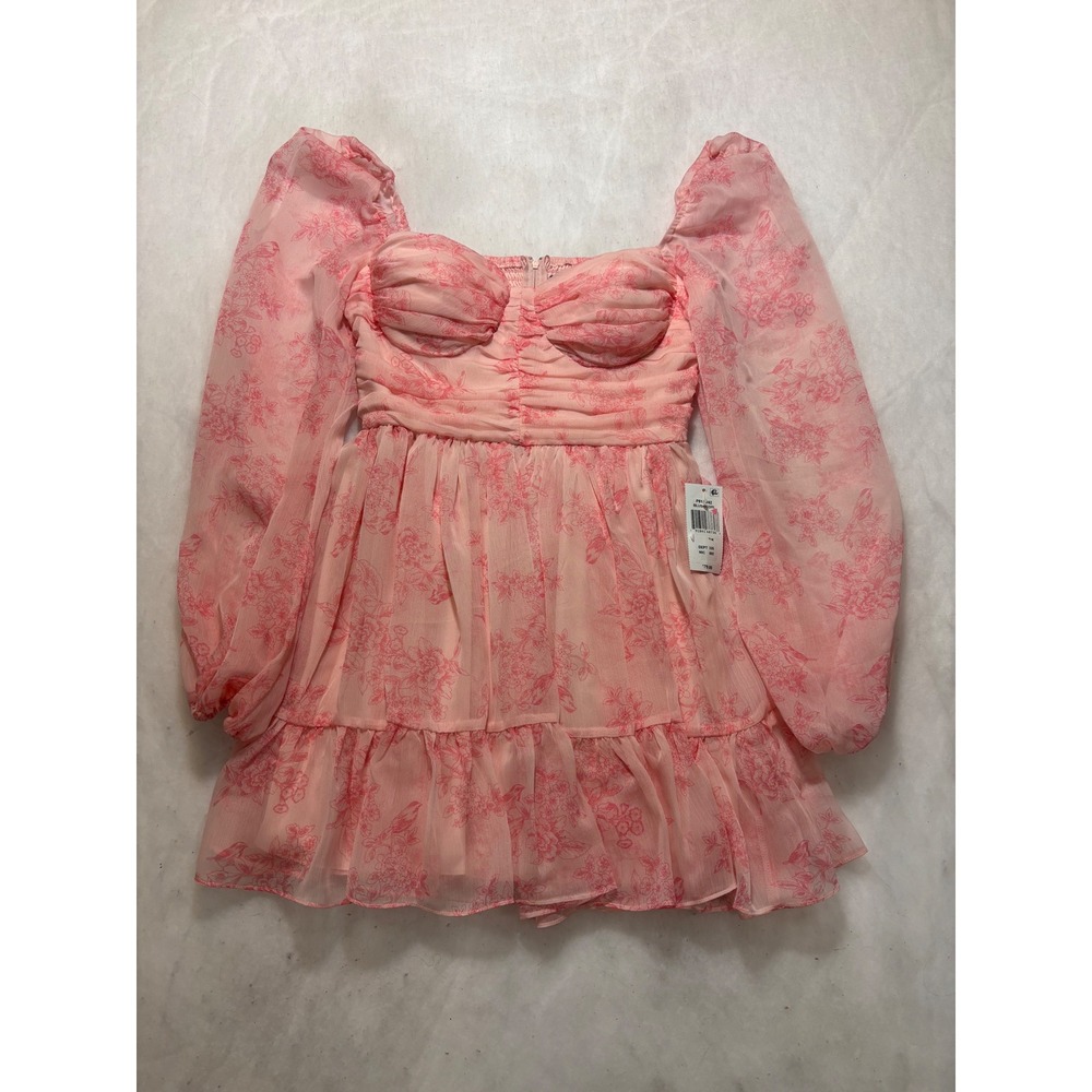 B. Darlin Women Pink Floral Chiffon Ruched Mini Dress Long Puff Sleeve Size 7/8